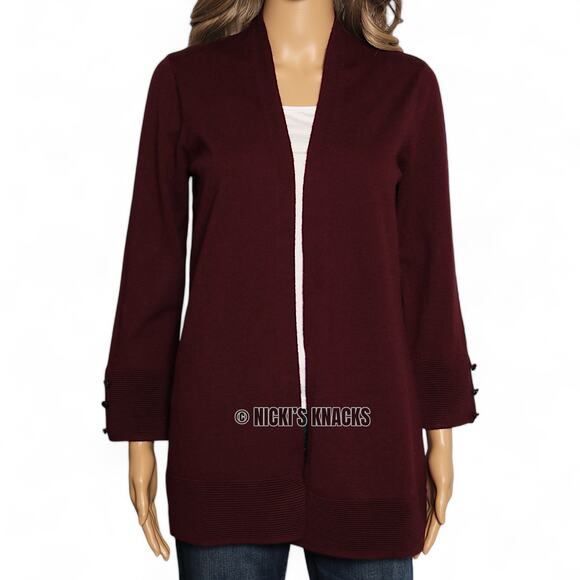 Evolution by Cyrus Myna Button Sleeve Open Cardigan Burgundy Knit Sweater Size S - Picture 3 of 10
